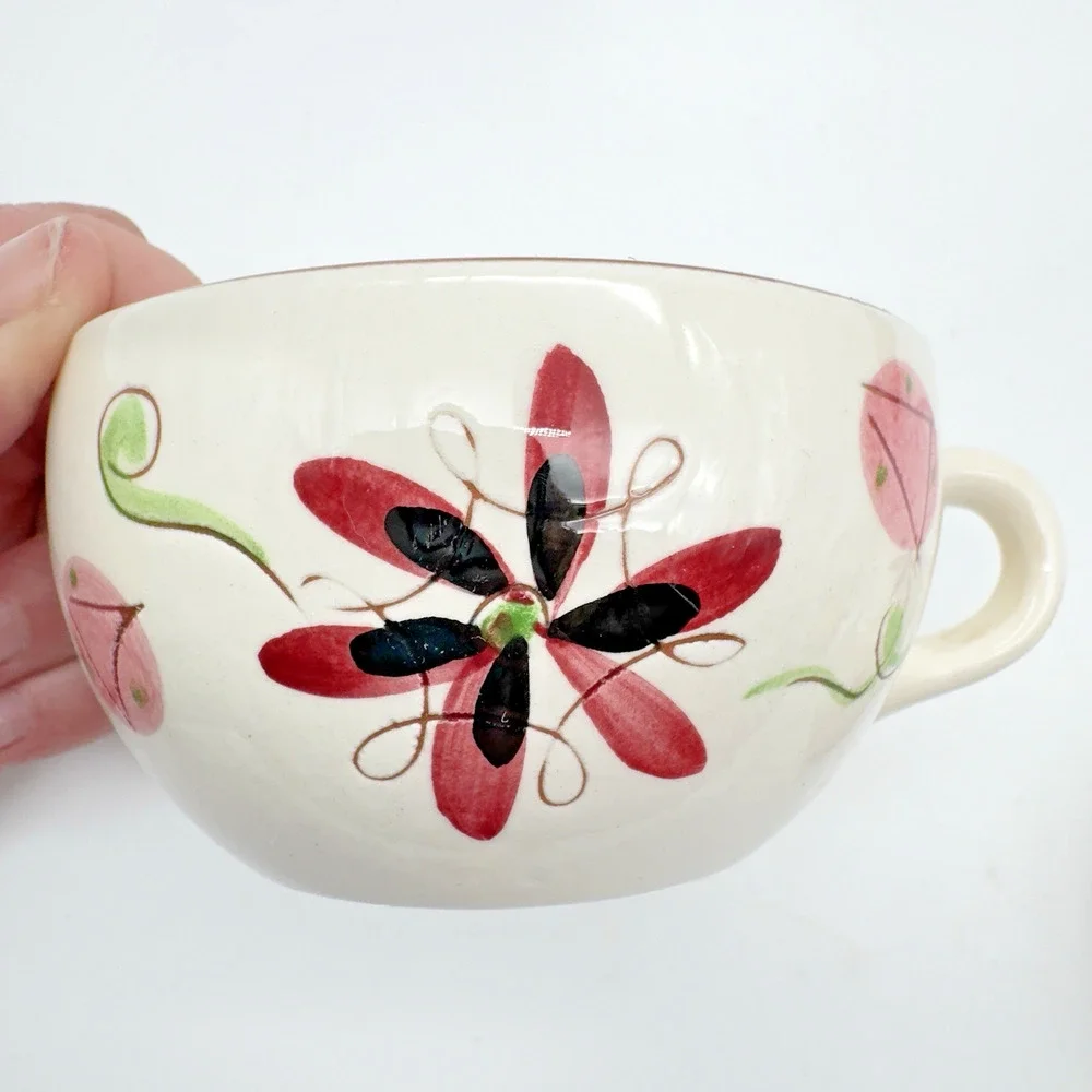 Stangl Pottery Carnival Cup Saucer Set of 2 Coffee Tea MCM Pink Green Black